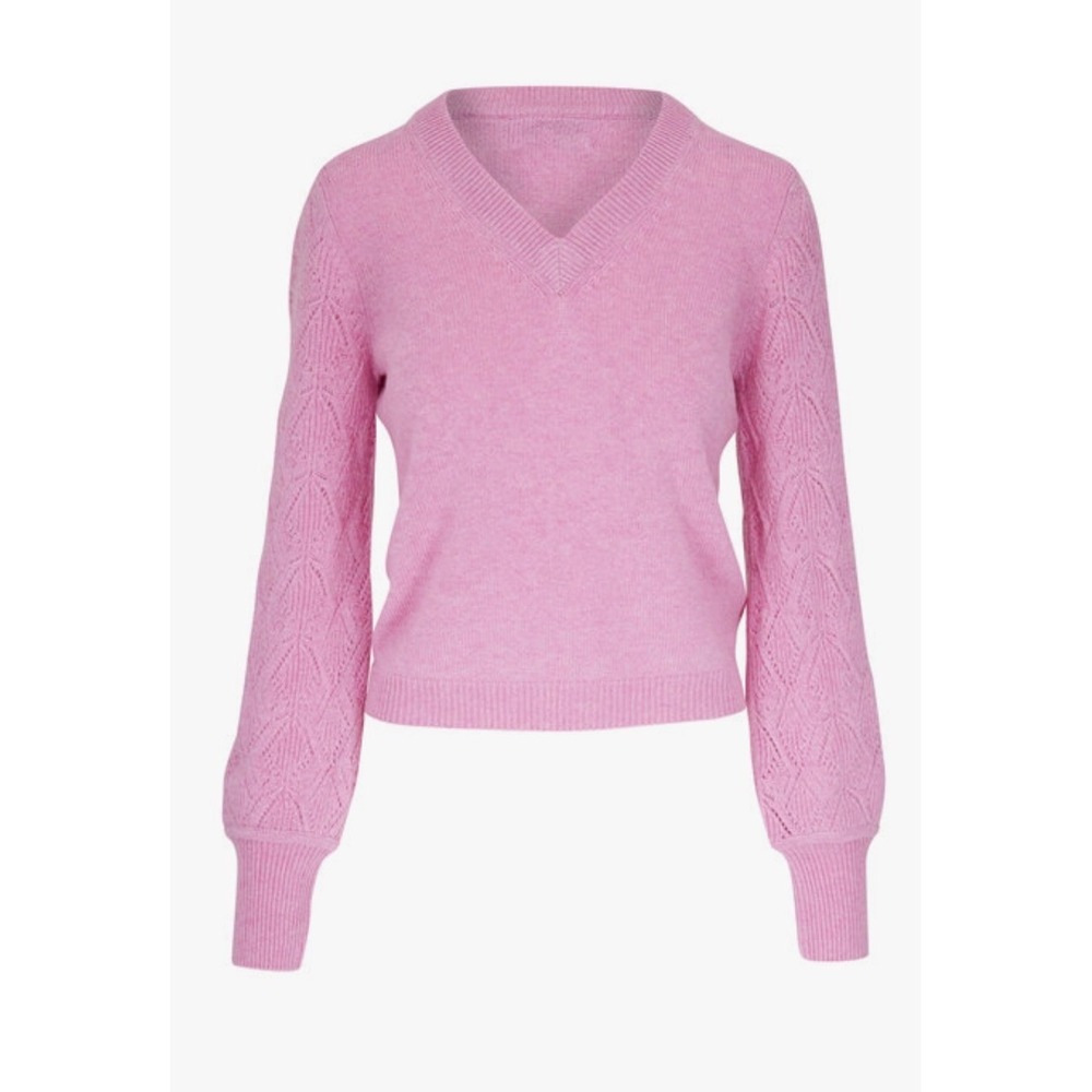 &Isla Sweater Cashmere Lara Pink Women Small Pointelle Sleeve V Neck Luxury